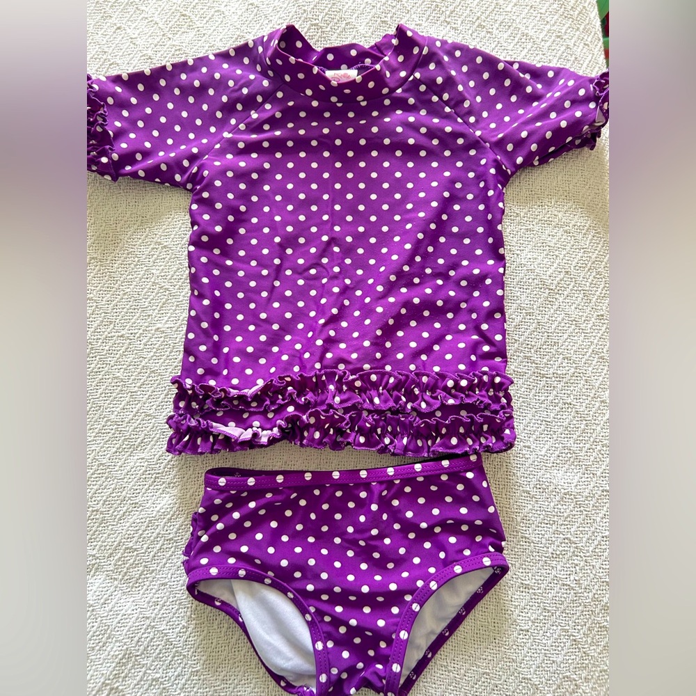 Ruffle Butts 3T Purple Polka Dot Swim Set